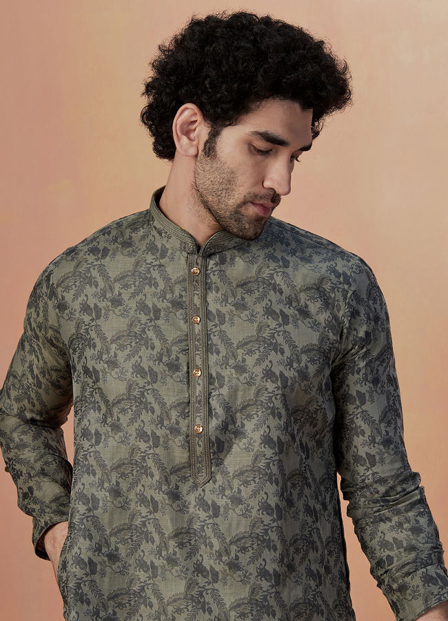 Smoke Grey Printed Kurta Pajama image number 0